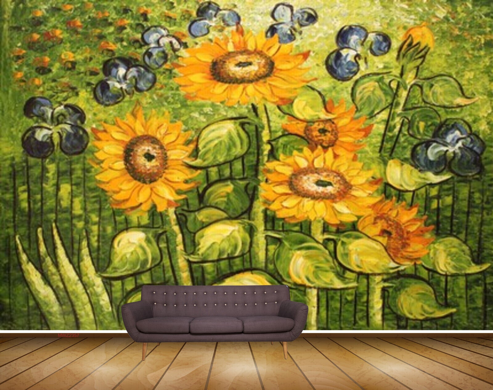 Avikalp MWZ2357 Yellow Sun Flowers Grass Purple Flowers Painting HD Wallpaper