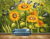 Avikalp MWZ2357 Yellow Sun Flowers Grass Purple Flowers Painting HD Wallpaper