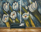Avikalp MWZ2360 White Blue Flowers Leaves Painting HD Wallpaper