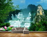 Avikalp MWZ2368 Waterfalls Trees Pink Lotus Flowers Cranes Mountains Forest Pond River Water HD Wallpaper