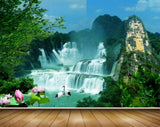 Avikalp MWZ2368 Waterfalls Trees Pink Lotus Flowers Cranes Mountains Forest Pond River Water HD Wallpaper