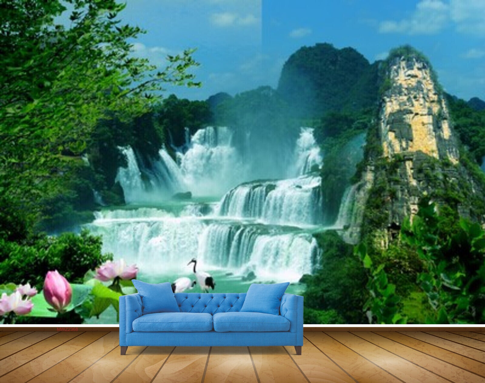 Avikalp MWZ2368 Waterfalls Trees Pink Lotus Flowers Cranes Mountains Forest Pond River Water HD Wallpaper