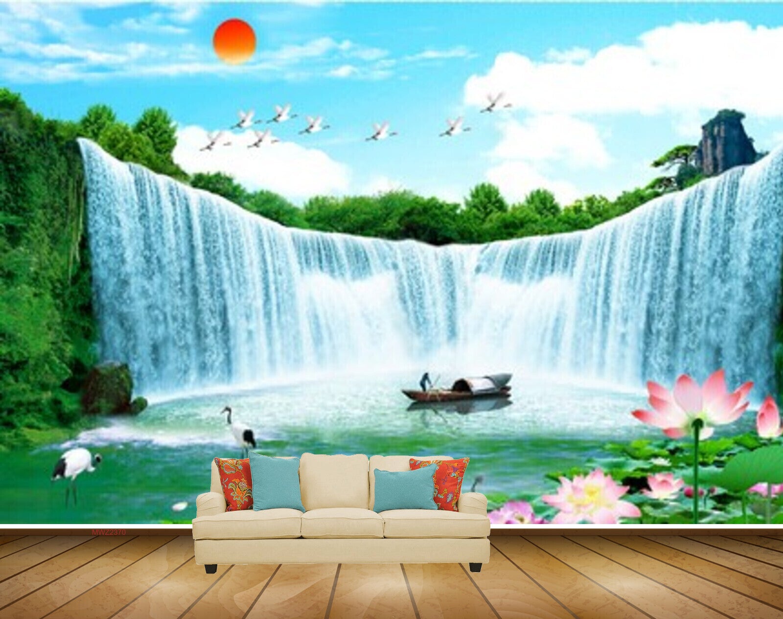 Avikalp MWZ2370 Waterfalls Sun Boat Pink White Flowers Cranes Clouds Pond Frame HD Wallpaper