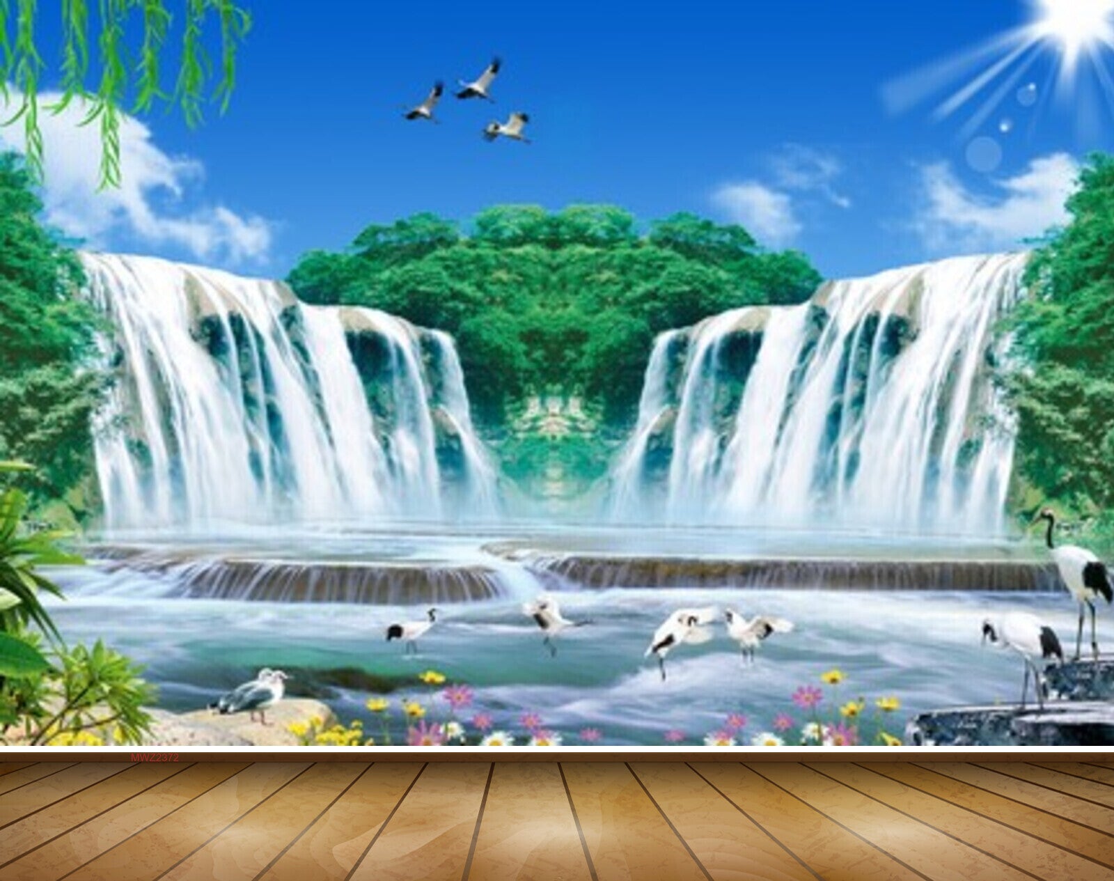 Avikalp MWZ2372 Waterfalls Sun Birds Trees Cranes Flowers Pond River Water HD Wallpaper