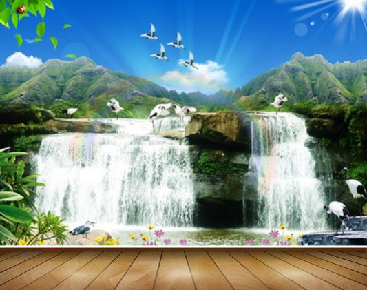 Avikalp MWZ2373 Birds Sun Waterfalls Cranes Flowers Mountain Leaves Nature Pond River Lake Water HD Wallpaper