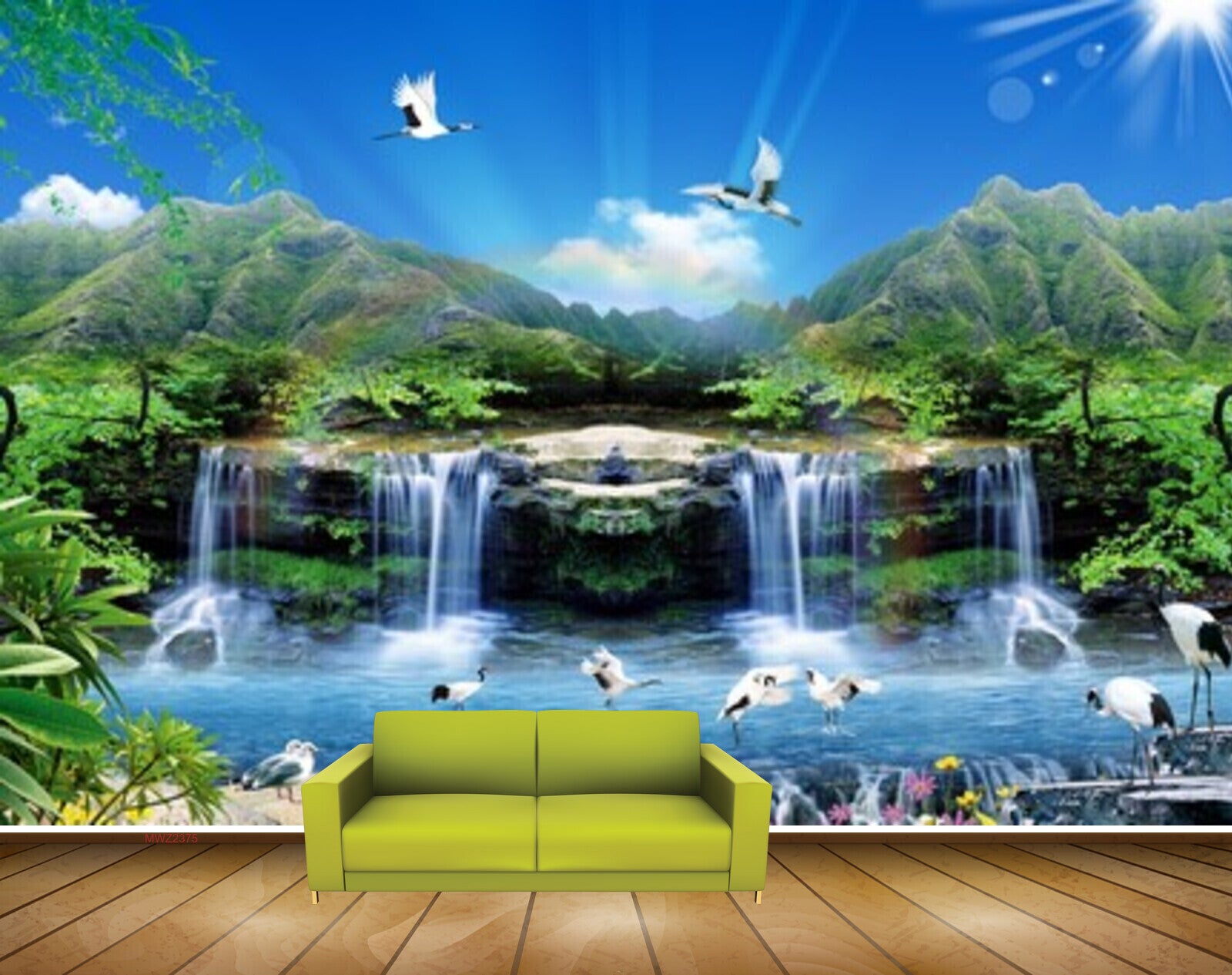 Avikalp MWZ2375 Sun Waterfalls Trees Cranes Flowers Mountains Pond River Lake Water Leaves Clouds HD Wallpaper