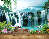 Avikalp MWZ2376 Waterfalls  Trees Lotus Flowers Boat Cranes Pond River Lake Water Leaves Plants Mountains HD Wallpaper
