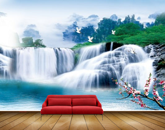 Avikalp MWZ2380 Waterfalls Birds Flowers Mountains Pond River Lake Water Clouds Nature HD Wallpaper