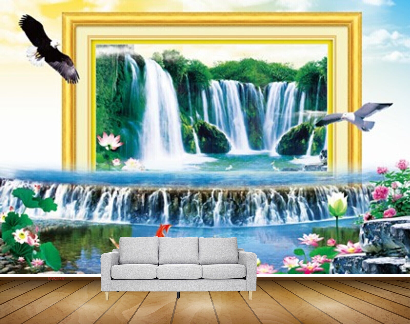 Avikalp MWZ2381 Waterfalls Birds Pink Flowers Fishes Pond River Lake Water Stones Frame HD Wallpaper