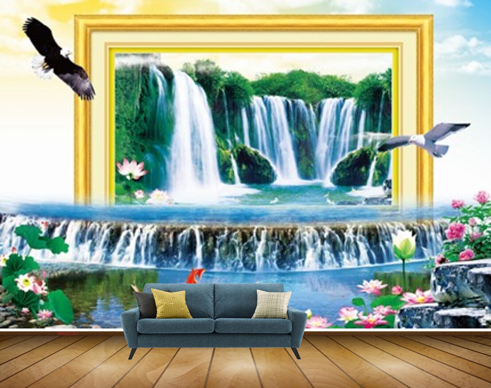 Avikalp MWZ2381 Waterfalls Birds Pink Flowers Fishes Pond River Lake Water Stones Frame HD Wallpaper