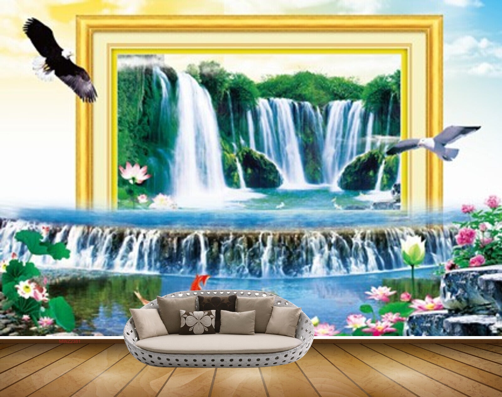 Avikalp MWZ2381 Waterfalls Birds Pink Flowers Fishes Pond River Lake Water Stones Frame HD Wallpaper