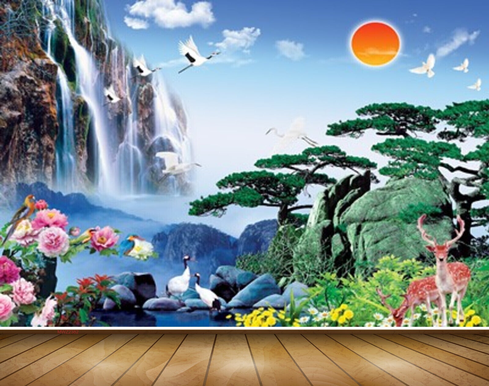 Avikalp MWZ2382 Sun Flowers Waterfalls Trees Deers Mountains Clouds Stones Pond River Lake Water Nature HD Wallpaper