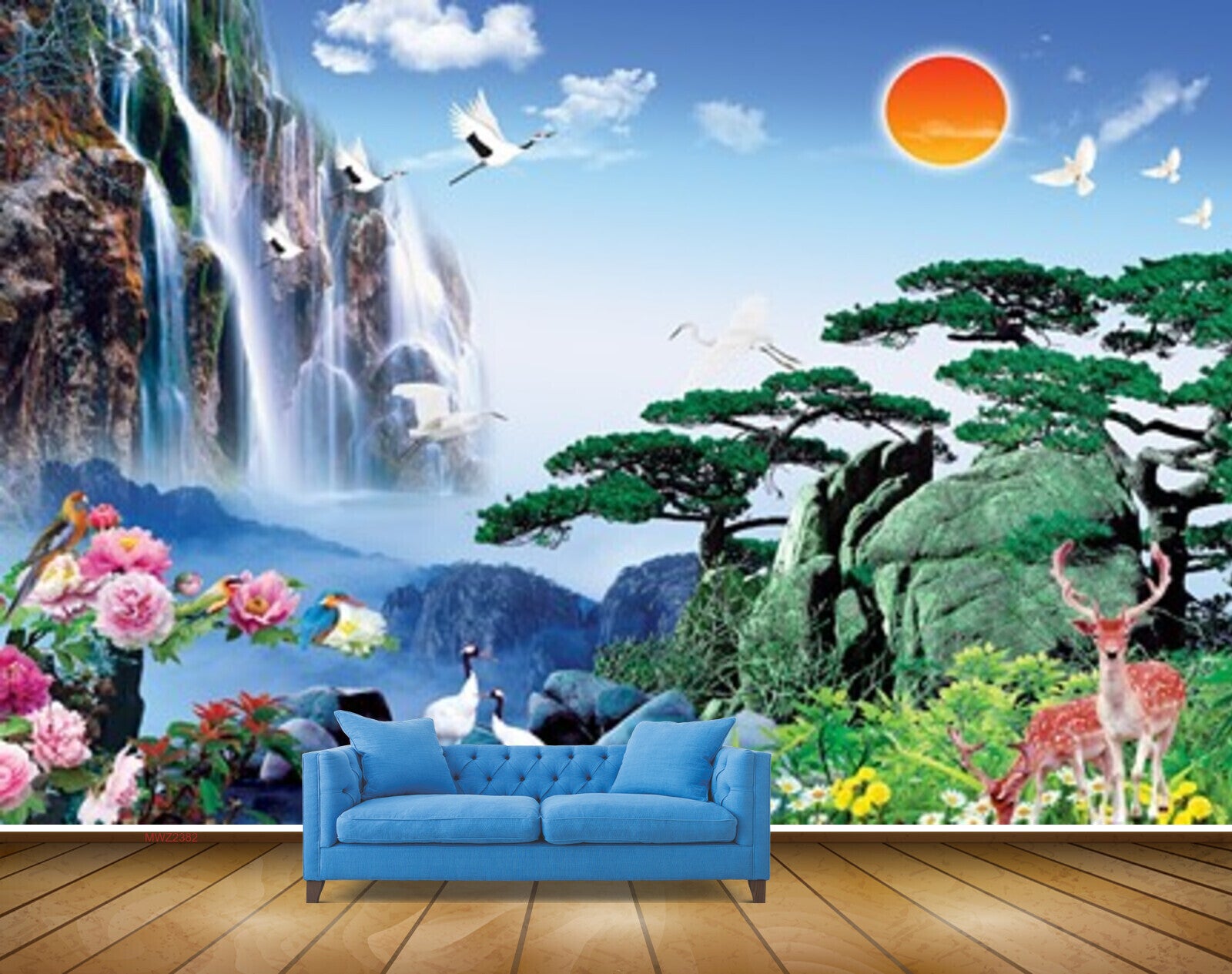 Avikalp MWZ2382 Sun Flowers Waterfalls Trees Deers Mountains Clouds Stones Pond River Lake Water Nature HD Wallpaper