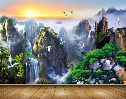 Avikalp MWZ2383 Mountains Waterfalls Birds Trees Sunrise Sunset Clouds Nature Frame HD Wallpaper