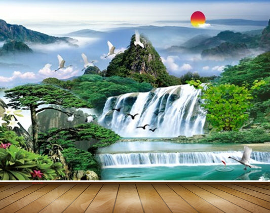 Avikalp MWZ2384 Sun Birds Waterfalls Trees Mountains Clouds Leaves Flowers Pond River Lake Water Fish Nature HD Wallpaper