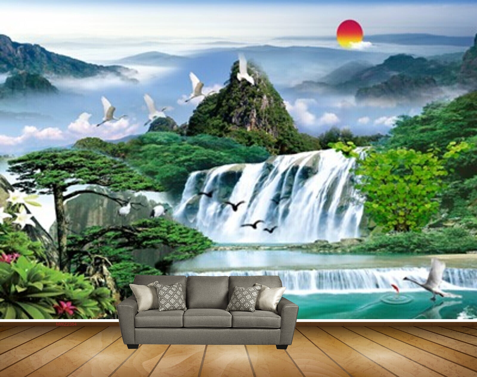 Avikalp MWZ2384 Sun Birds Waterfalls Trees Mountains Clouds Leaves Flowers Pond River Lake Water Fish Nature HD Wallpaper