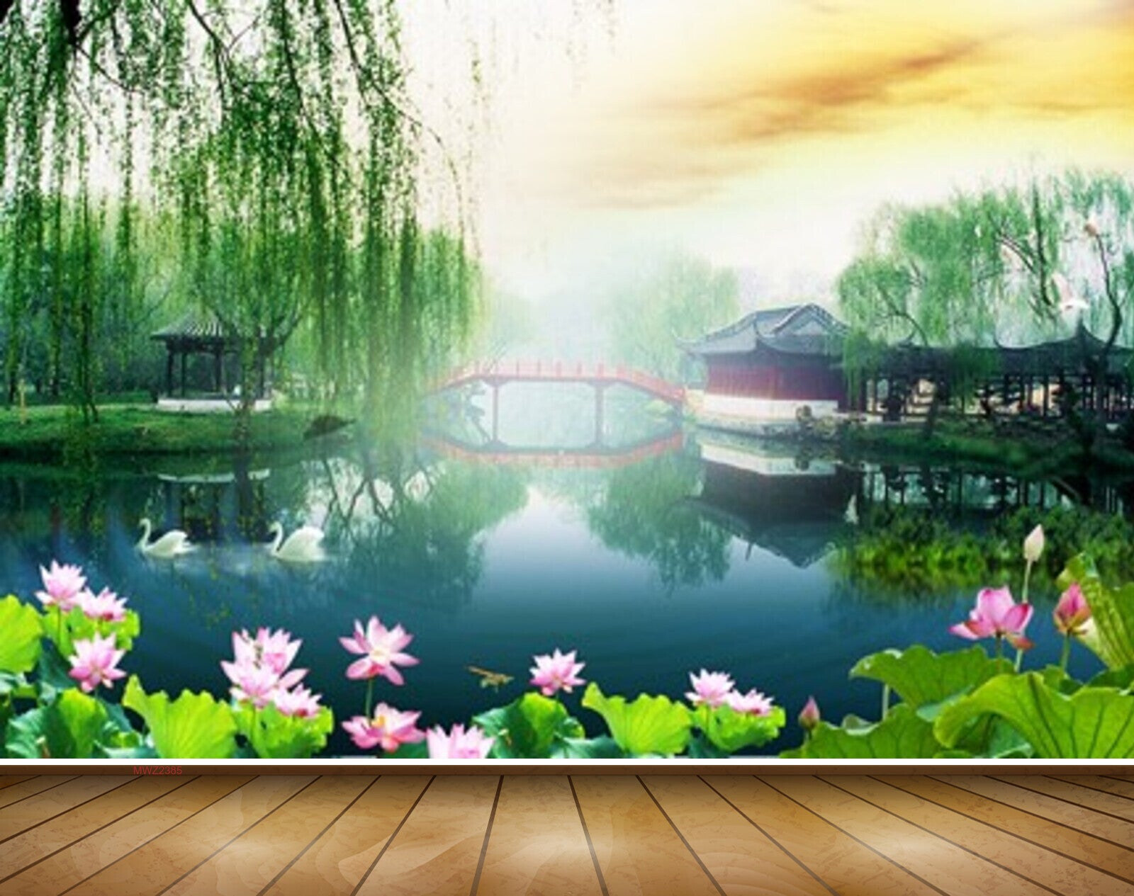 Avikalp MWZ2385 Trees Lotus Flowers House Bridge Pond River Lake Water Leaves Duck HD Wallpaper