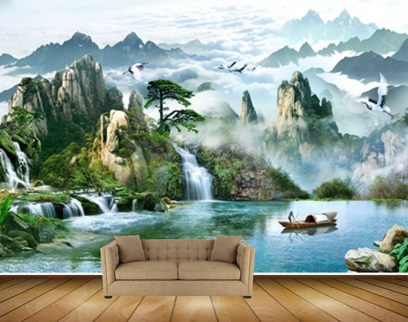 Avikalp MWZ2387 Mountains Trees Boat Pond River Lake Water Birds Waterfalls Stones Clouds HD Wallpaper