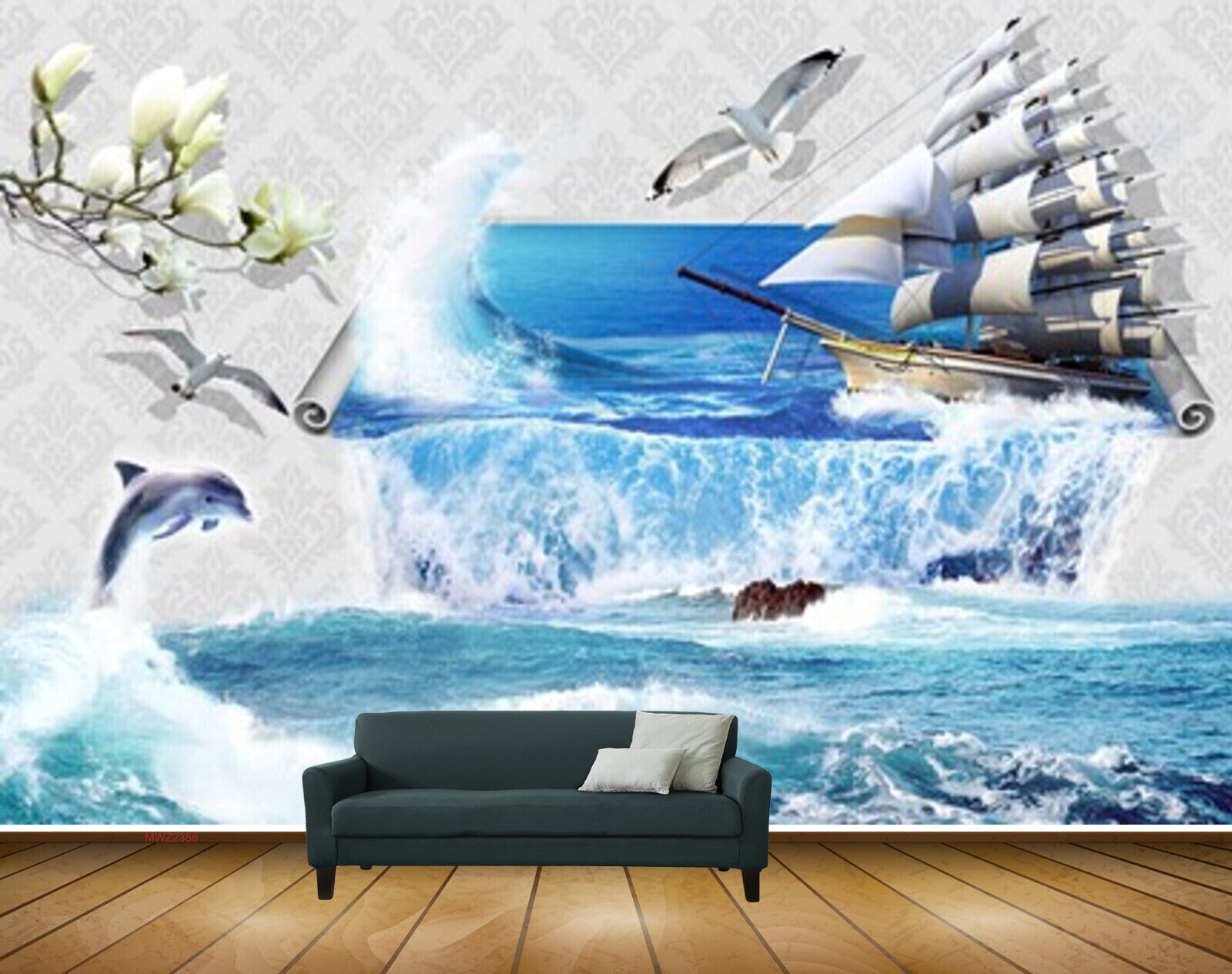 Avikalp MWZ2388 Walls White Flowers Ship Dolphin Sea Water Ocean HD Wallpaper