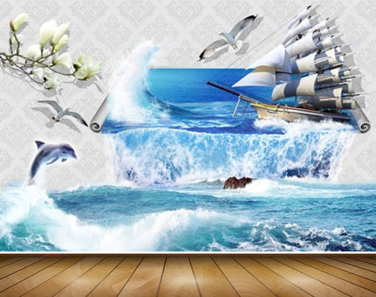 Avikalp MWZ2388 Walls White Flowers Ship Dolphin Sea Water Ocean HD Wallpaper