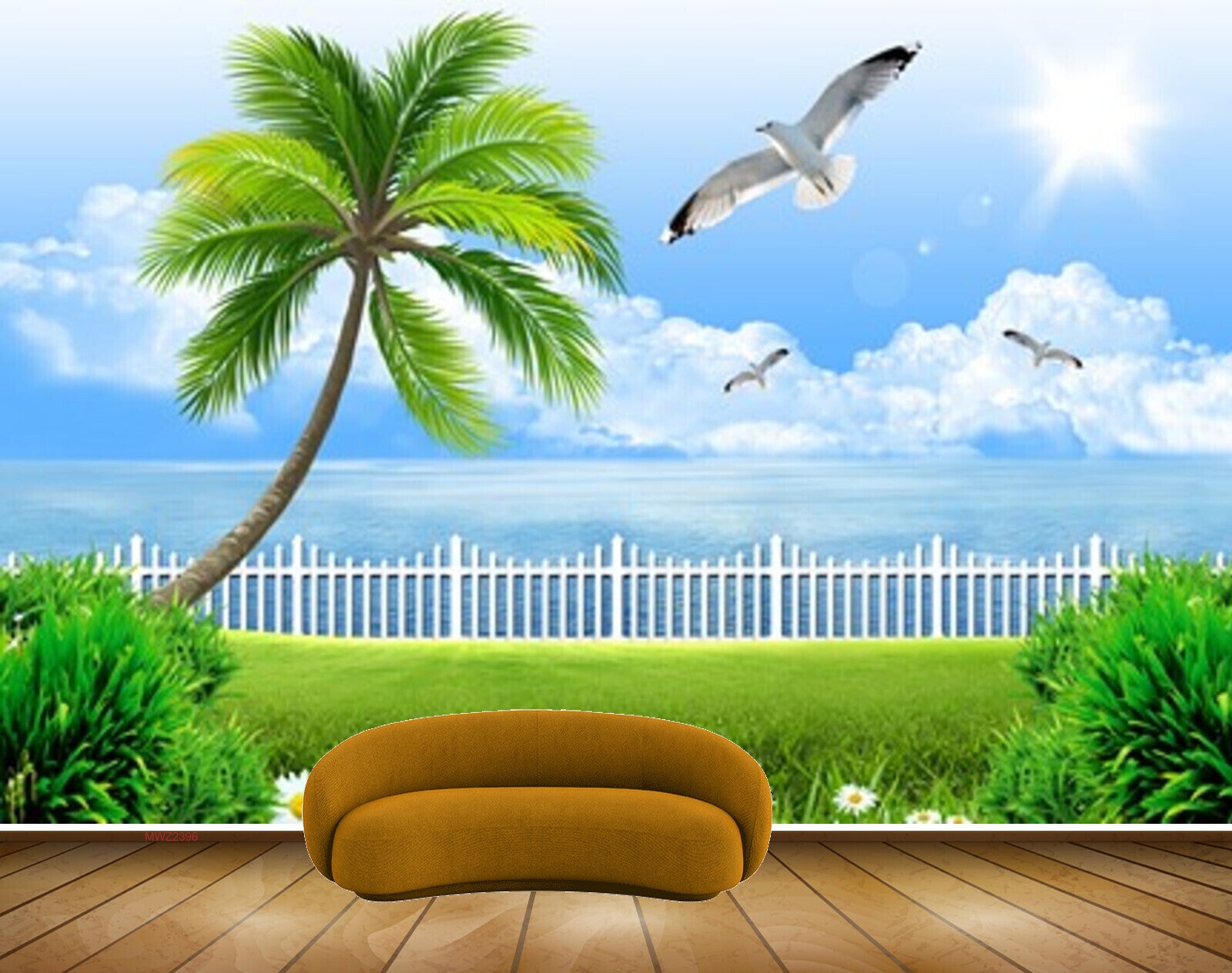 Avikalp MWZ2396 Coconut Tree Plants Birds Clouds Sea Flowers Grass Water Ocean Sun HD Wallpaper