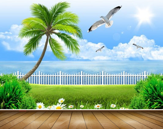 Avikalp MWZ2396 Coconut Tree Plants Birds Clouds Sea Flowers Grass Water Ocean Sun HD Wallpaper