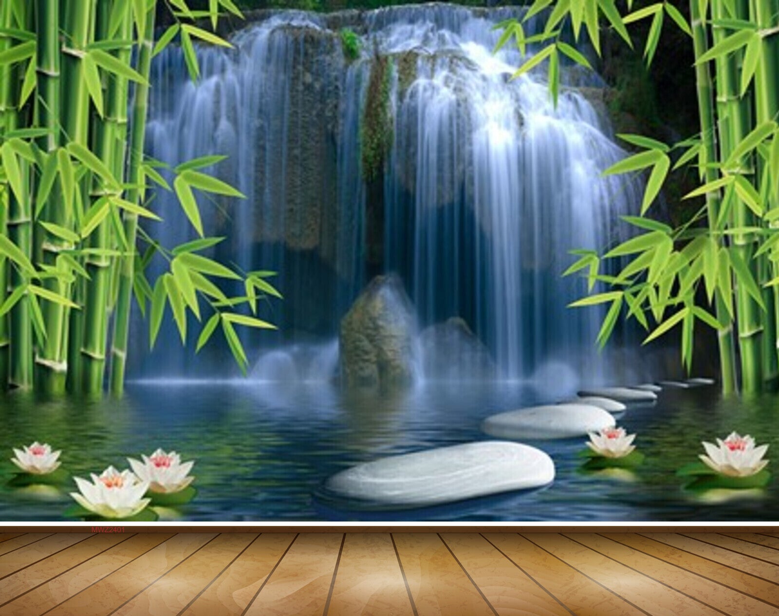 Avikalp MWZ2401 Waterfalls Bamboo Trees Pink White Flowers Stones Pond HD Wallpaper