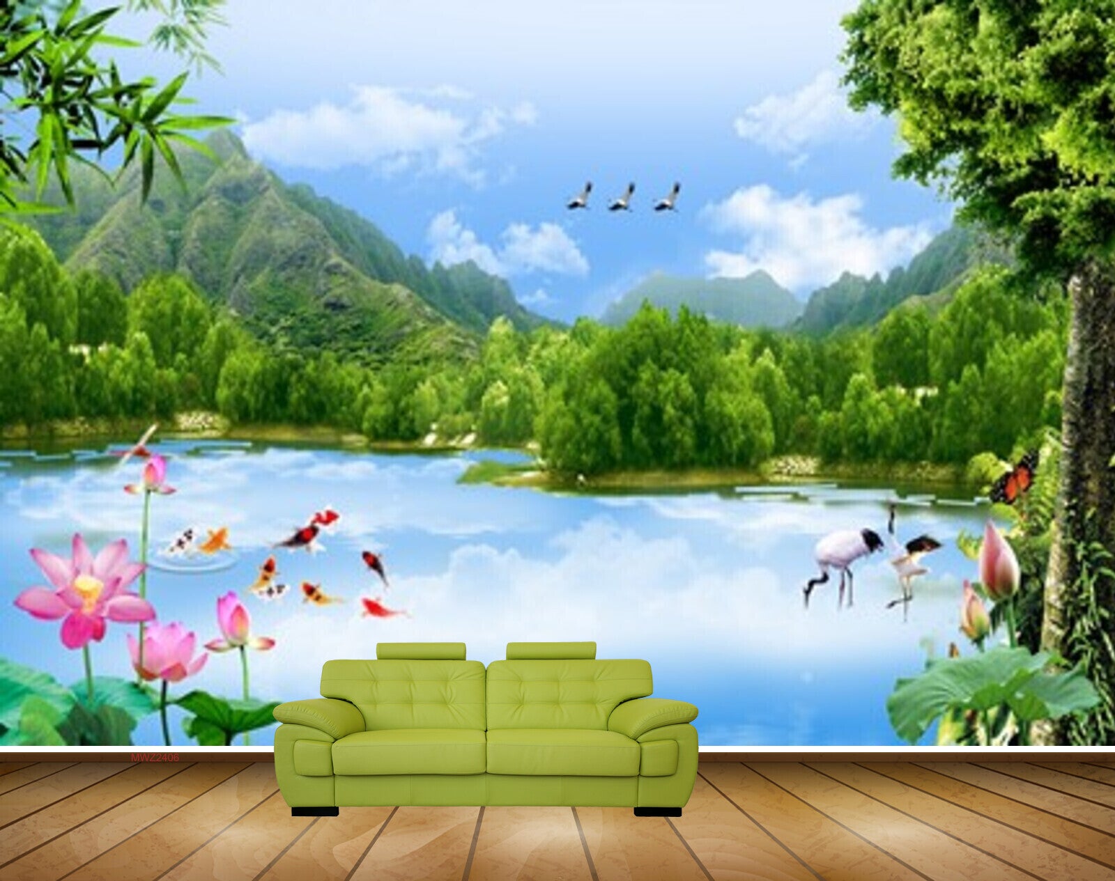 Avikalp MWZ2406 Trees Pond River Lake Water Flowers Cranes Fishes Butterfly Mountains Birds Leaves HD Wallpaper