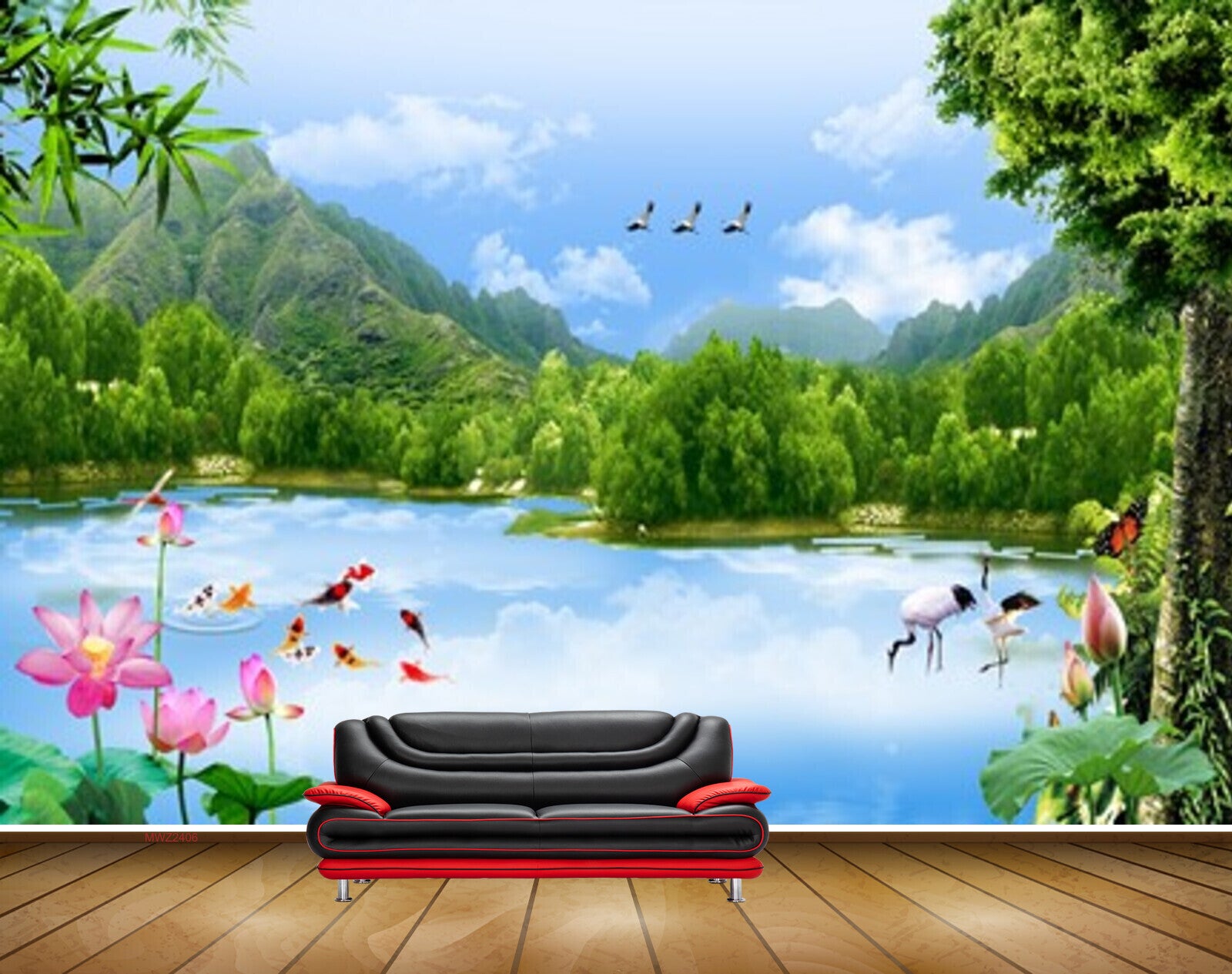 Avikalp MWZ2406 Trees Pond River Lake Water Flowers Cranes Fishes Butterfly Mountains Birds Leaves HD Wallpaper