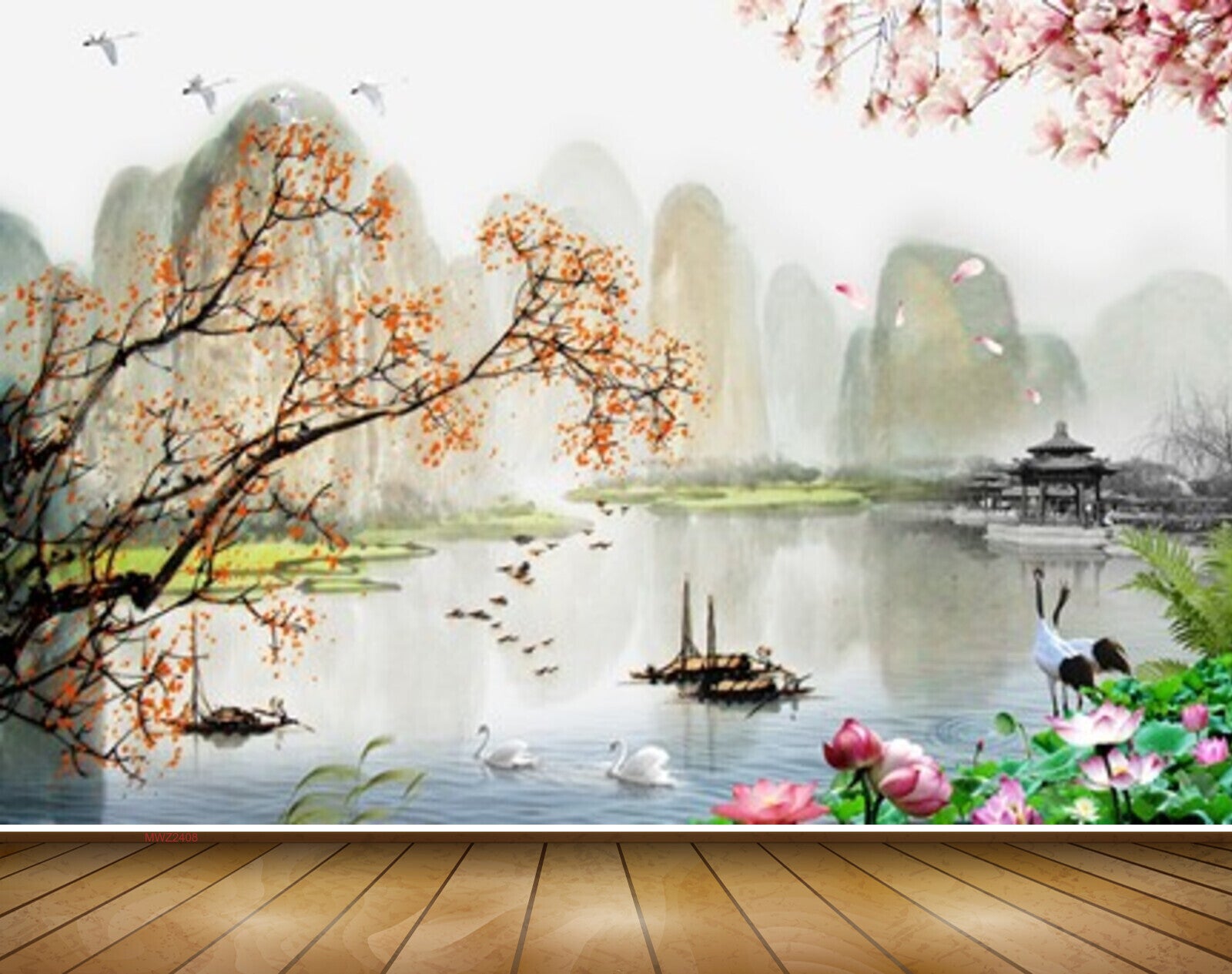 Avikalp MWZ2408 Pond River Lake Water Boat Branches Stones Birds Flowers Swans Mountains HD Wallpaper
