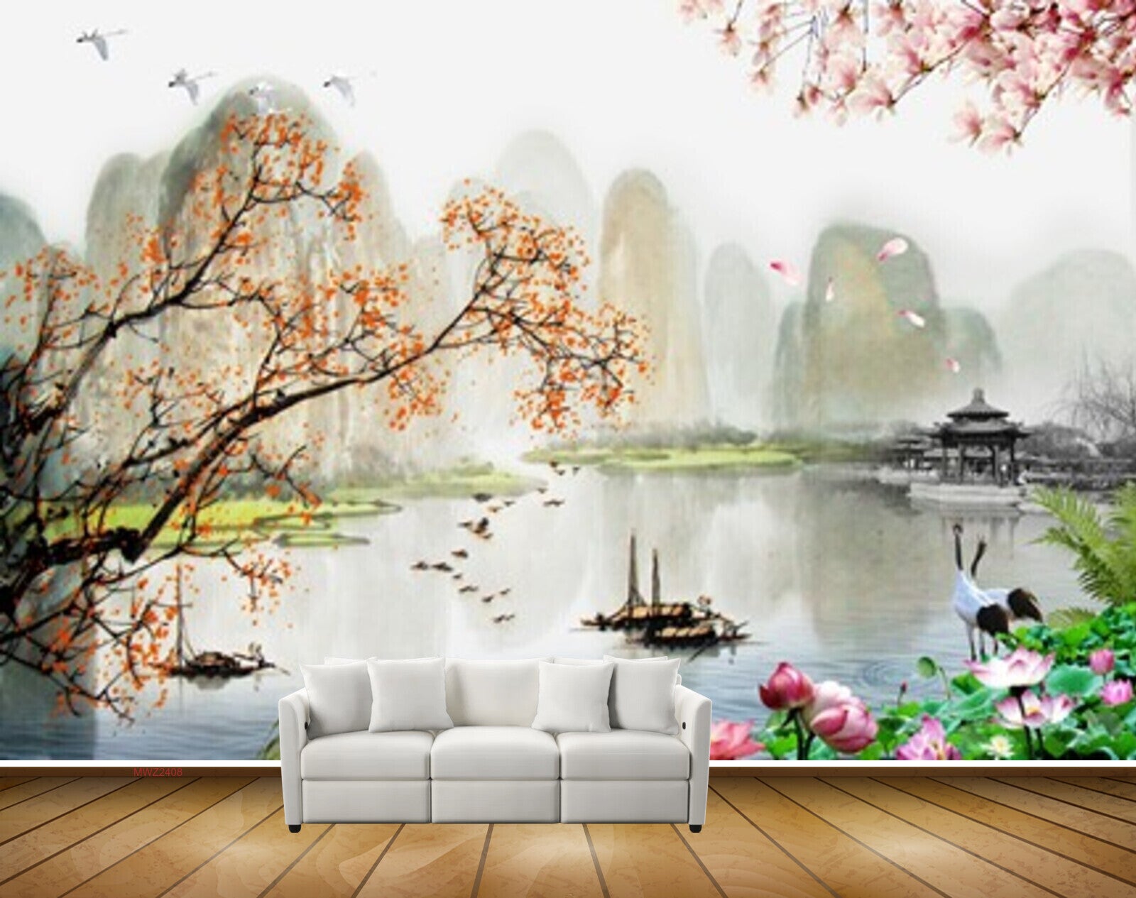 Avikalp MWZ2408 Pond River Lake Water Boat Branches Stones Birds Flowers Swans Mountains HD Wallpaper