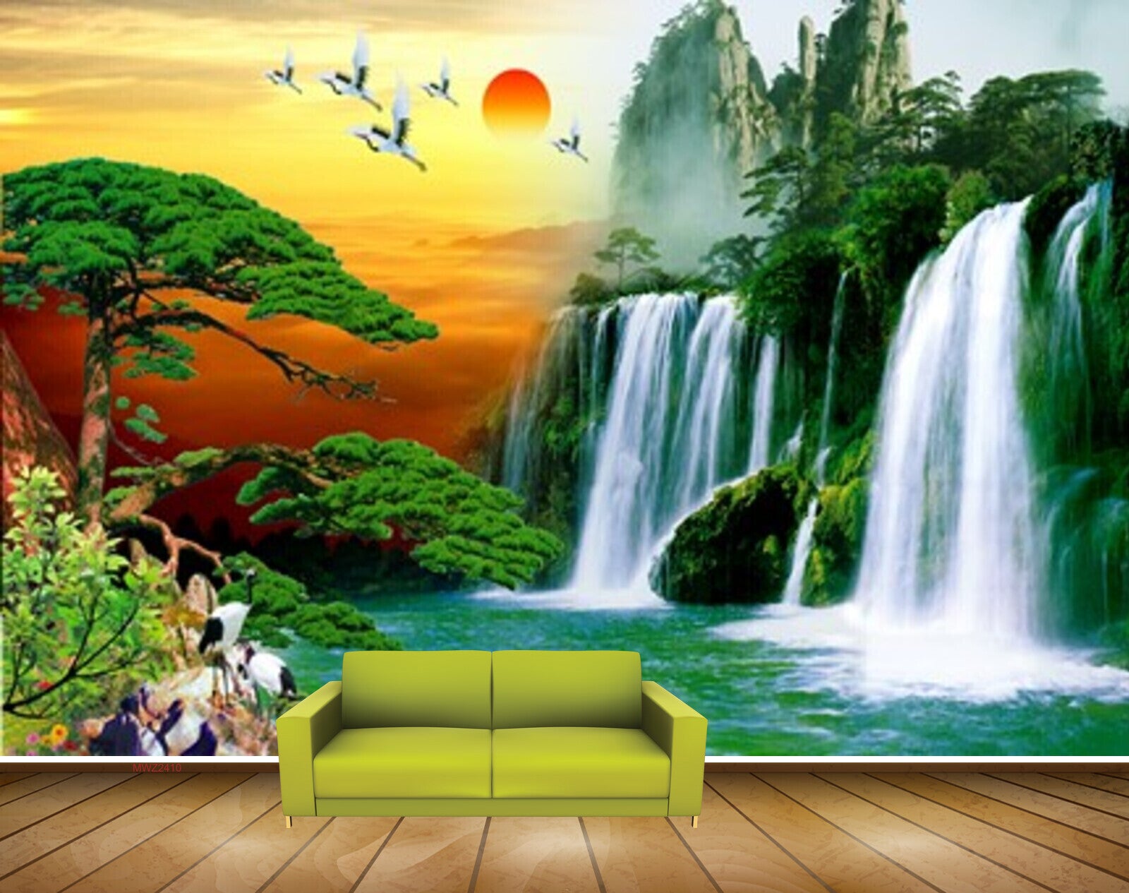 Avikalp MWZ2410 Waterfalls Trees Cranes Sunset Birds Pond River Lake Water Mountains HD Wallpaper