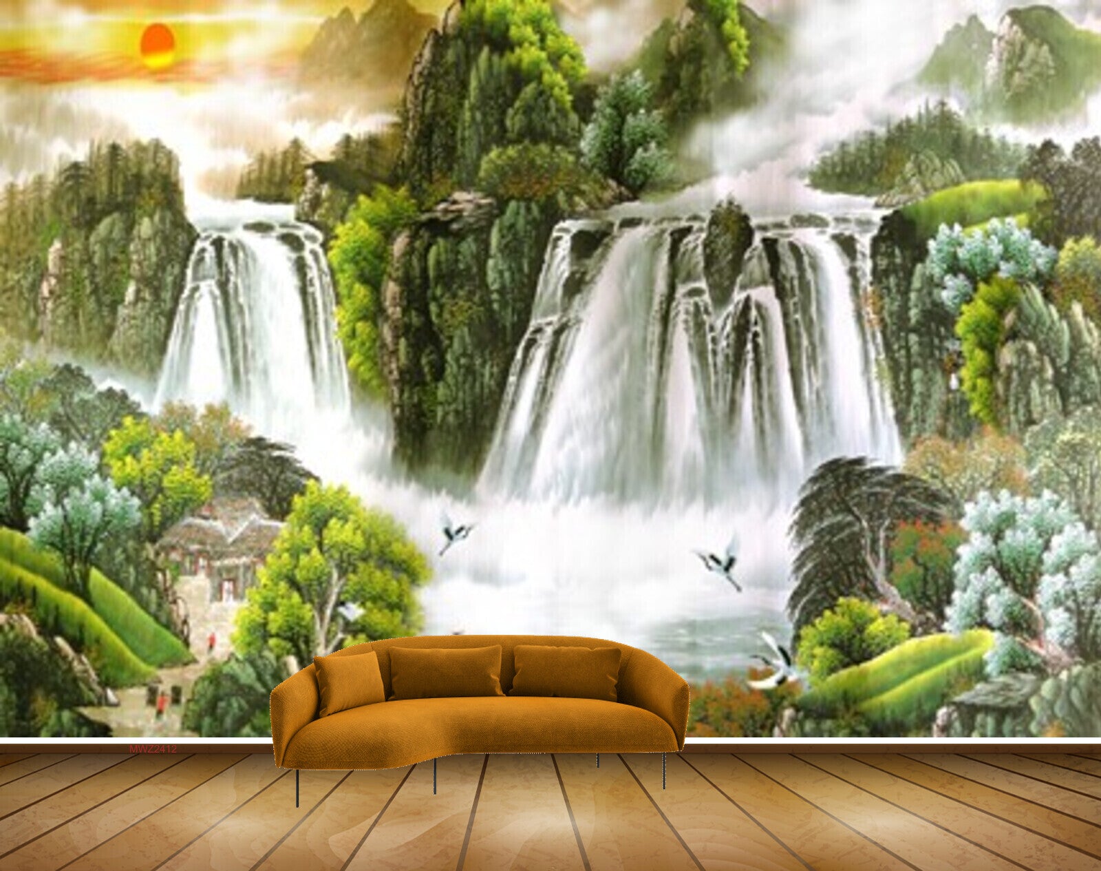 Avikalp MWZ2412 Waterfalls Sun Birds Trees House Pond River Lake Water Clouds HD Wallpaper