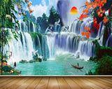 Avikalp MWZ2417 Sun Waterfalls Boat Orange Leaves Birds Cranes Pond River Lake Water Tree HD Wallpaper