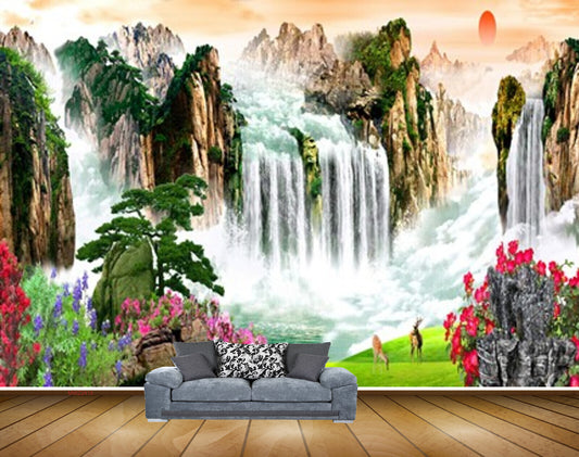 Avikalp MWZ2419 Mountains Waterfalls Sun Trees Flowers Grass Deer Pond River Lake Water HD Wallpaper