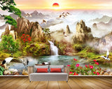 Avikalp MWZ2420 Sunrise Mountains Waterfall Pond River Lake Water Boat Swans Trees Cranes Clouds Flowers HD Wallpaper