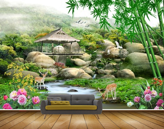 Avikalp MWZ2421 Mountains Stones Pond River Lake Water Deer Flowers Bamboo Trees Hut Cranes Grass HD Wallpaper