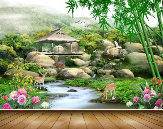 Avikalp MWZ2421 Mountains Stones Pond River Lake Water Deer Flowers Bamboo Trees Hut Cranes Grass HD Wallpaper