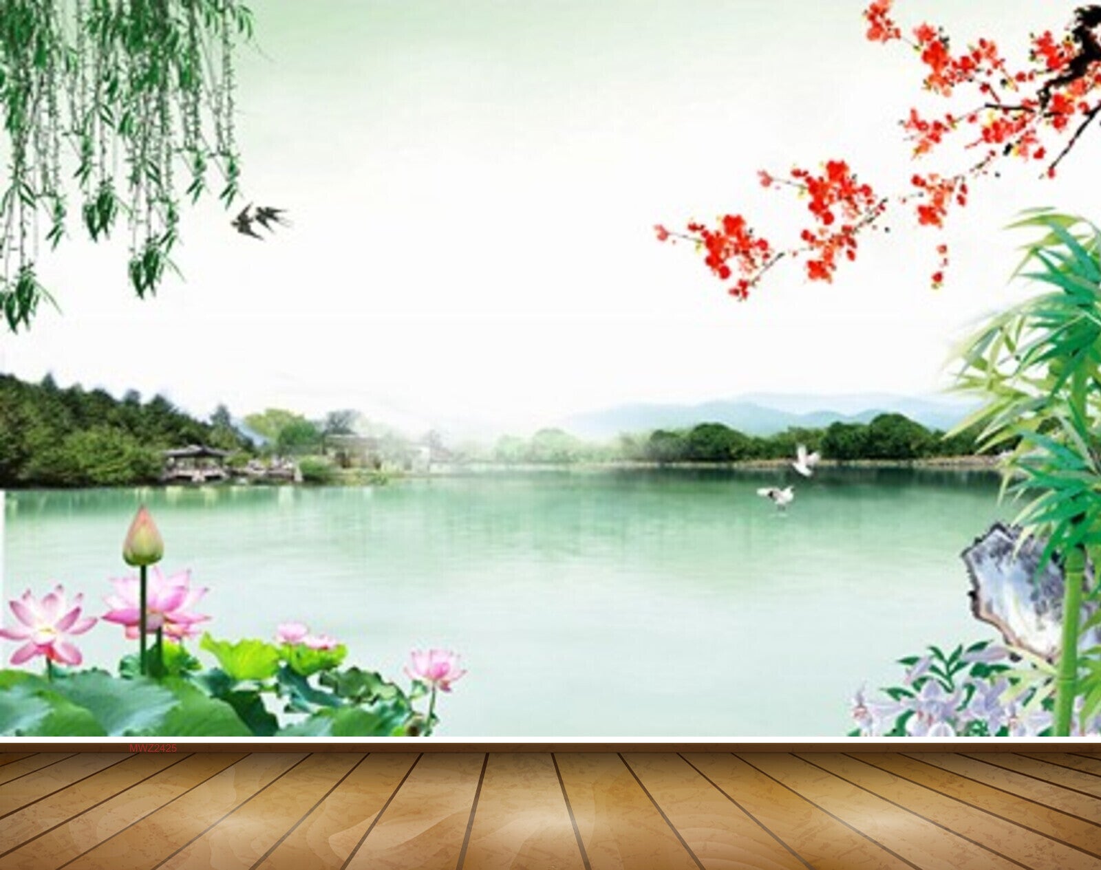 Avikalp MWZ2425 Pond River Lake Water Birds Trees Lotus Flowers House Mountains HD Wallpaper