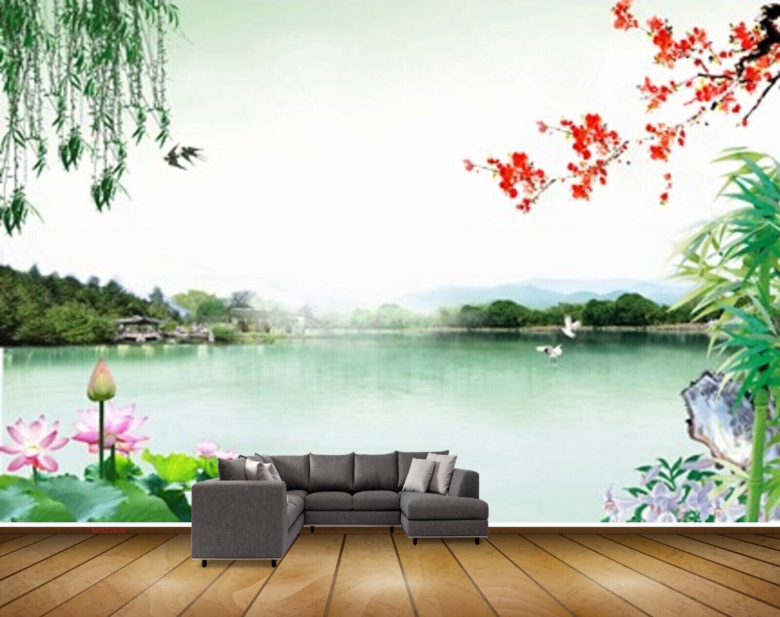 Avikalp MWZ2425 Pond River Lake Water Birds Trees Lotus Flowers House Mountains HD Wallpaper