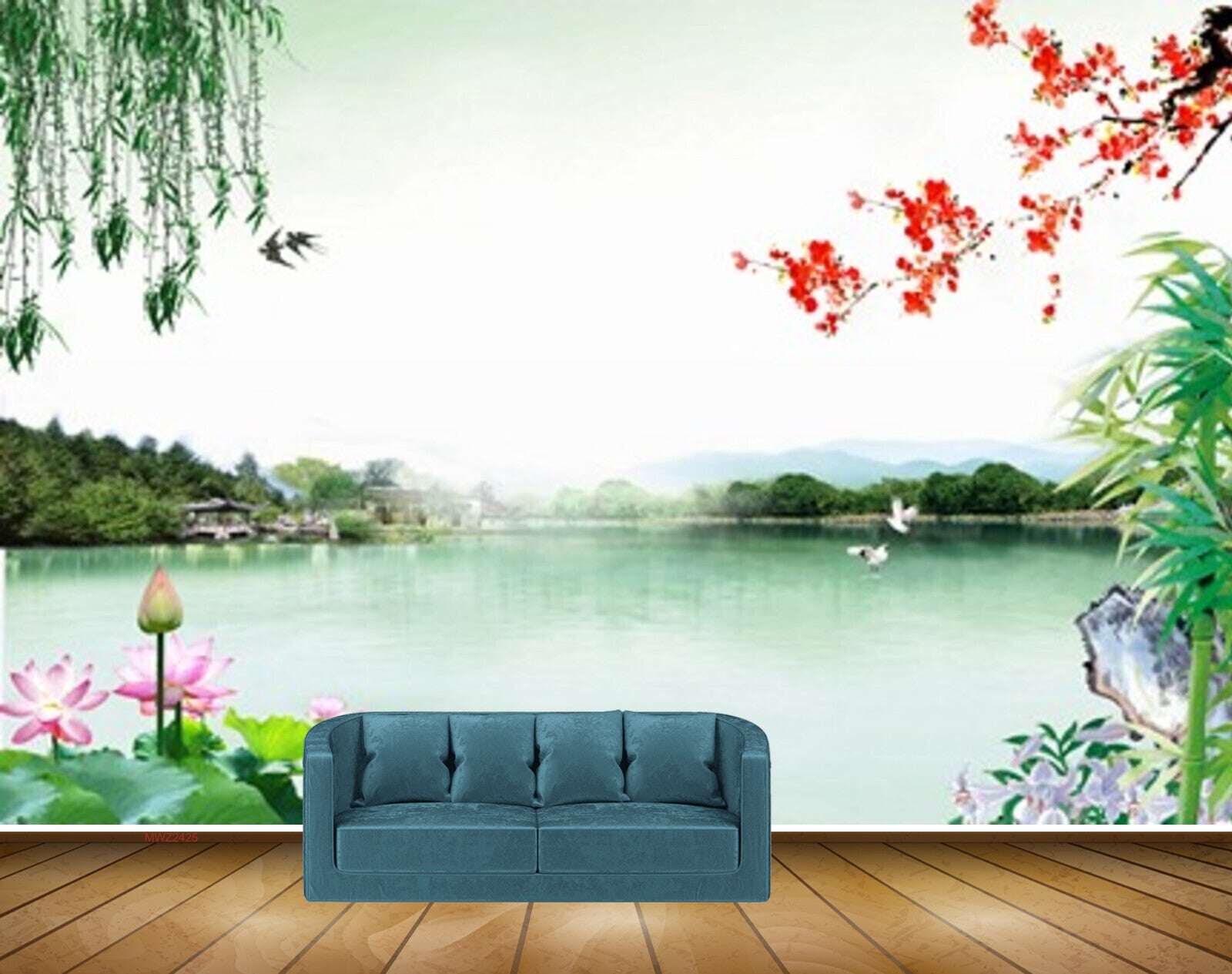 Avikalp MWZ2425 Pond River Lake Water Birds Trees Lotus Flowers House Mountains HD Wallpaper