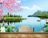 Avikalp MWZ2426 Pink Flowers Trees Pond River Lake Water Mountains Fishes Boat HD Wallpaper