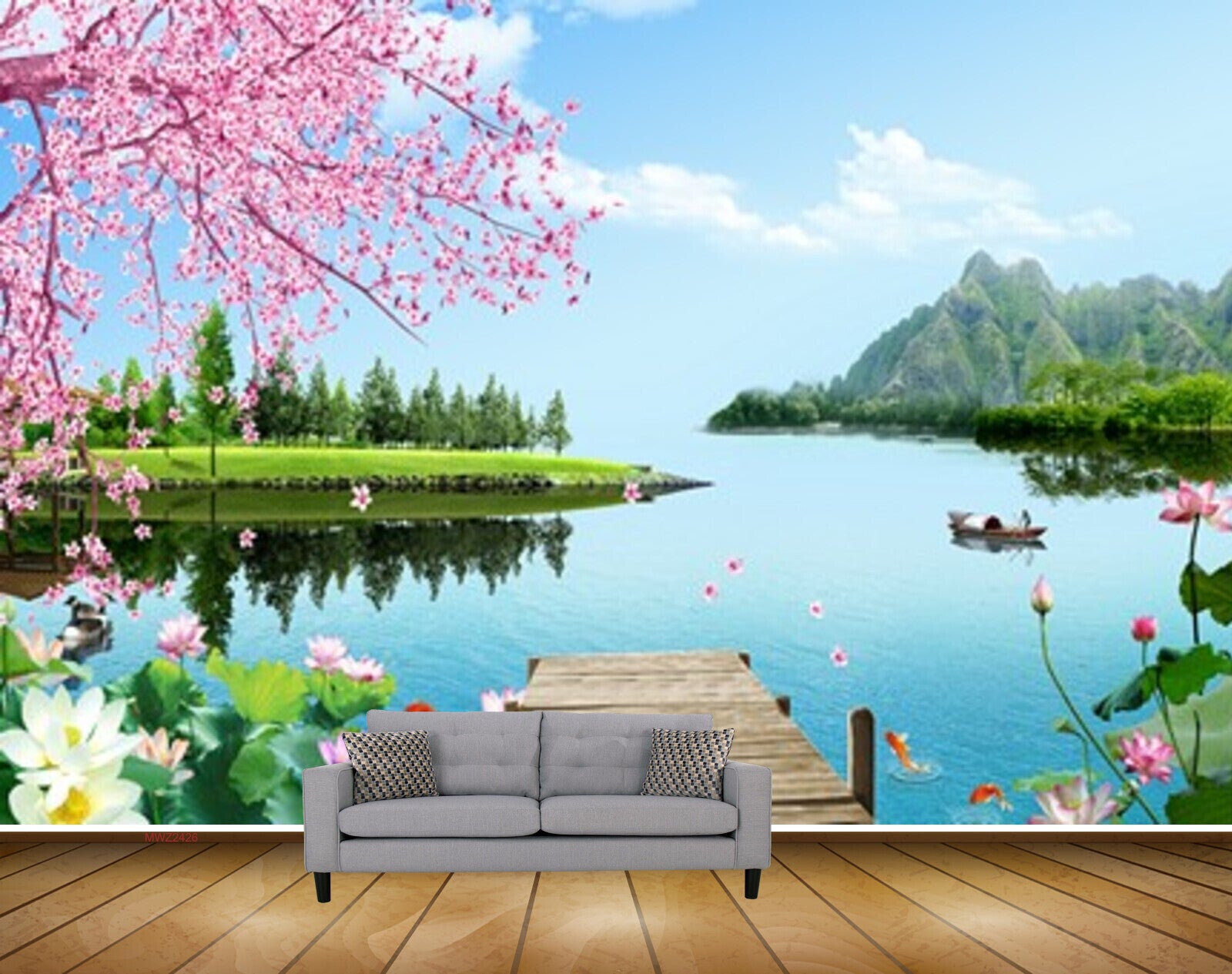 Avikalp MWZ2426 Pink Flowers Trees Pond River Lake Water Mountains Fishes Boat HD Wallpaper