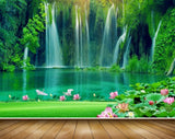 Avikalp MWZ2427 Mountains Waterfalls Pink Lotus Flowers Pond River Lake Water Grass Herons HD Wallpaper