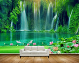 Avikalp MWZ2427 Mountains Waterfalls Pink Lotus Flowers Pond River Lake Water Grass Herons HD Wallpaper