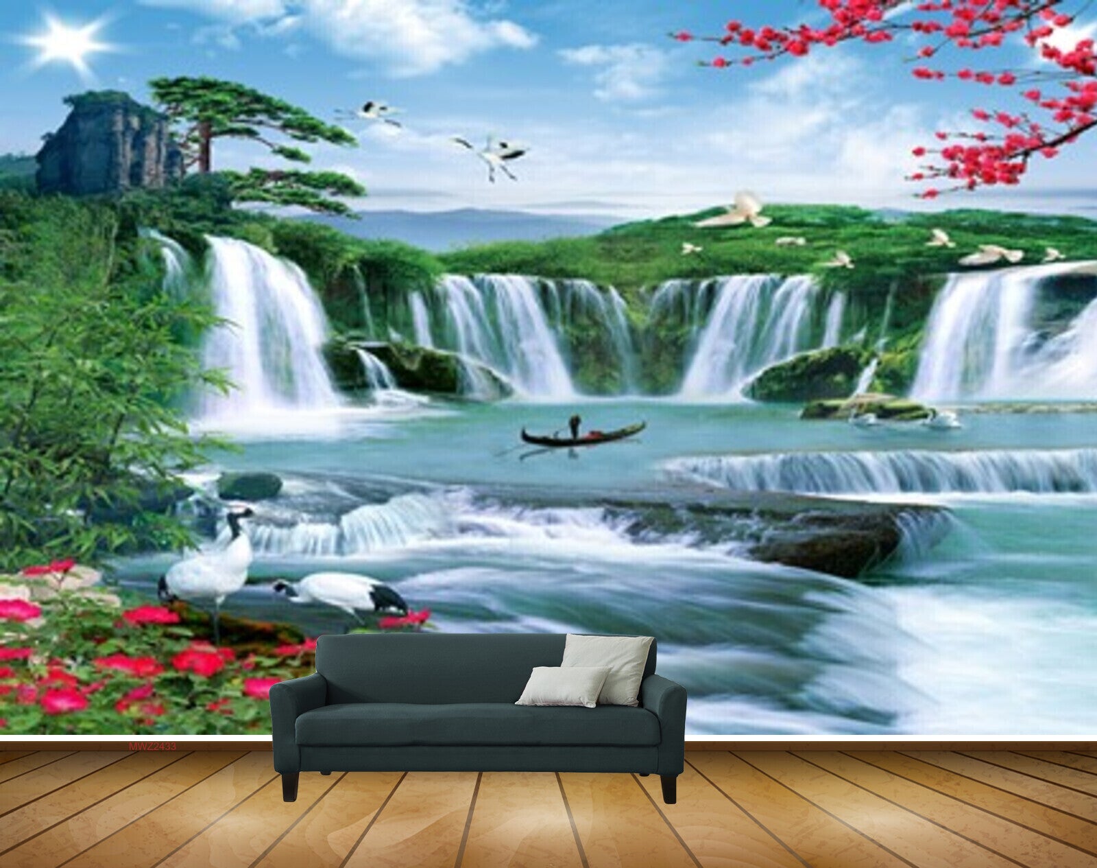 Avikalp MWZ2433 Waterfalls Birds Cranes Trees Sun Mountians Pond River Lake Water Flowers Boat Clouds HD Wallpaper