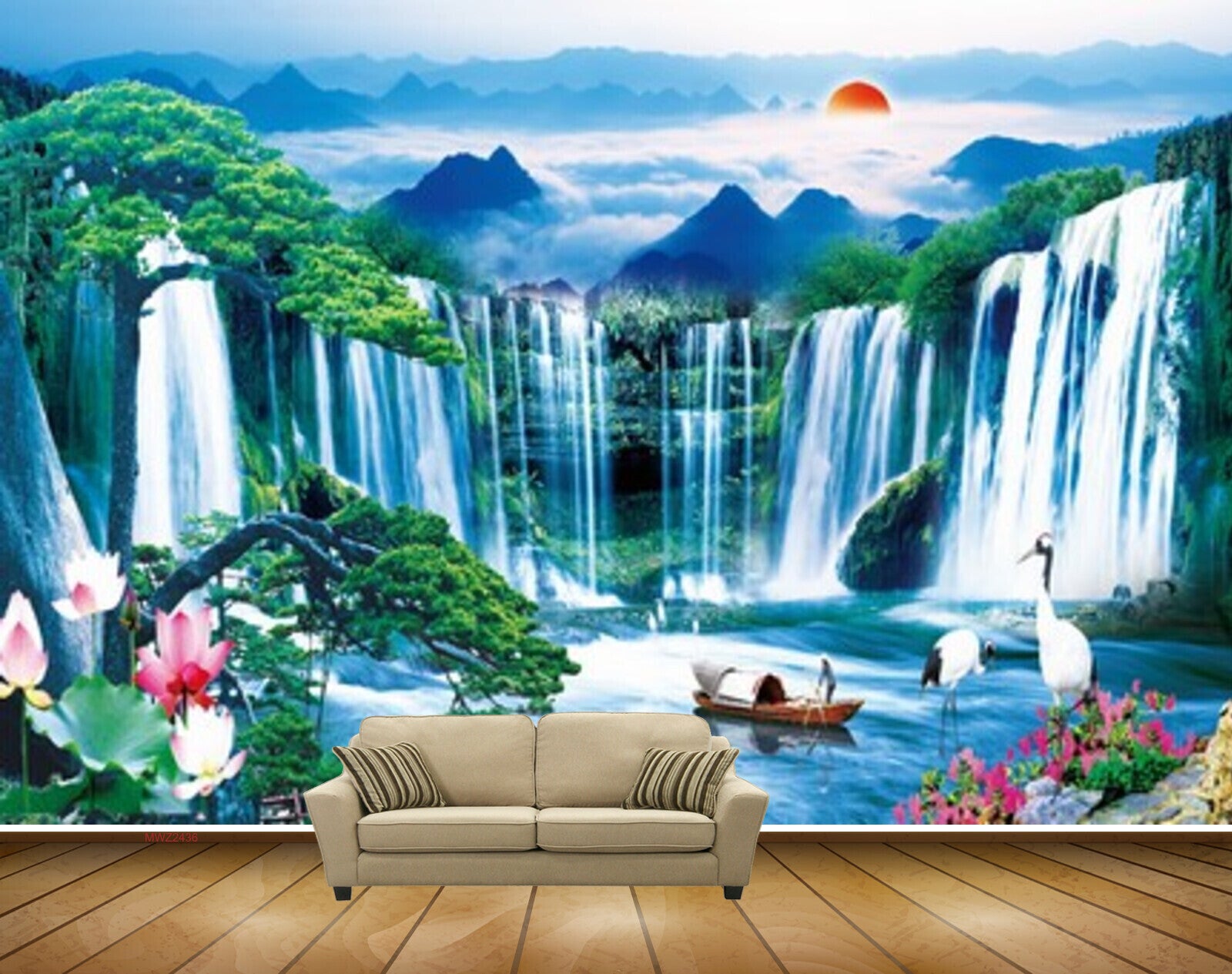 Avikalp MWZ2436 Sunset Mountains Waterfalls Cranes Boat Men Trees Pond River Lake Water Flowers Clouds HD Wallpaper