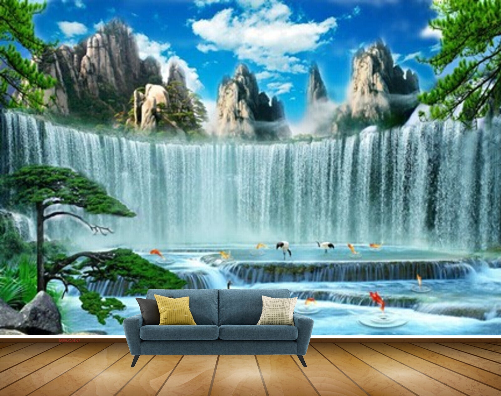 Avikalp MWZ2437 Mountains Waterfalls Fishes Trees Stones Pond River Lake Water Carnes Clouds HD Wallpaper