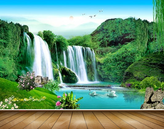 Avikalp MWZ2441 Waterfalls Trees Pond River Lake Water Swans Sunset Mountains Grass Stones Birds Flowers HD Wallpaper