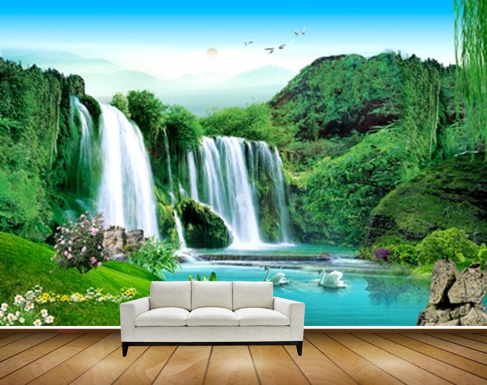Avikalp MWZ2441 Waterfalls Trees Pond River Lake Water Swans Sunset Mountains Grass Stones Birds Flowers HD Wallpaper